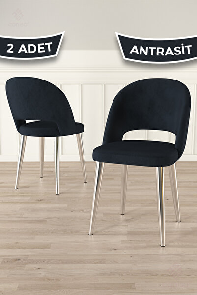 Canisa Pane Serisi 2 Adet Antrasit Mutfak Sandalyesi Babyface Kumaş Krom Kapl...