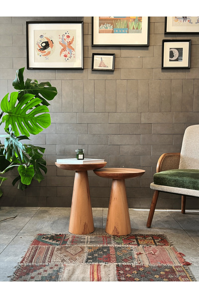 Fagus Wood 2'li Zigon Mantar Sehpa Mushroom | Masif Ahşap Modern Yan Sehpa Ta...