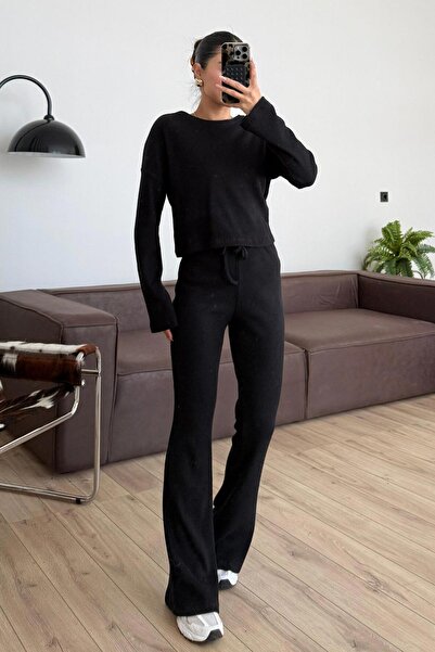 Mine Tan Butik طقم بلوزة وبنطلون نسائي محبوك من سالونيك - أسود