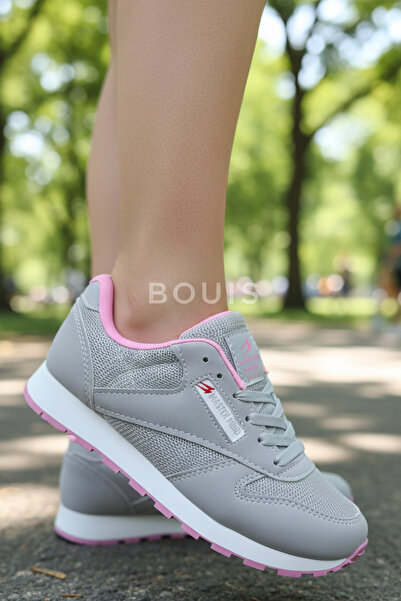 BOUIS Kadın Gri Pembe Bağcıklı Casual Rahat Taban Konforlu Yumuşak Yürüyüş Günlük Sneaker Spor Ayakkabı