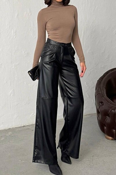 Mine Tan Butik Double Buttoned Pipe Leg Leather Trousers - Black