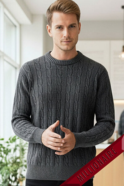 Millionaire Men's Anthracite Hair Knit Crew Neck Regular Knitwear Wool Blend Thick Acrylic Sweater