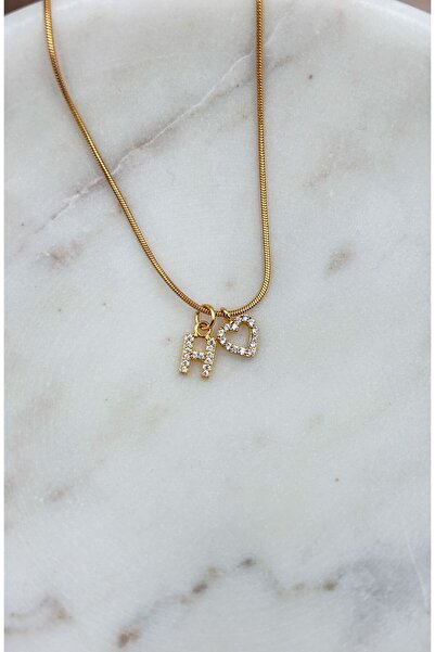 FIORA AKSESUAR Kalp ve H harfi Zirkon Taşlı Çelik Kaplamalı Zincirli Kolye