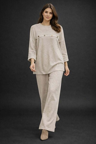 bezeXL Large Size Gold Button Detailed Double Knitwear Set Ecru