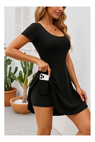 byasafkids فستان غوص نسائي قصير الأكمام بياقة مربعة وجيب قصير