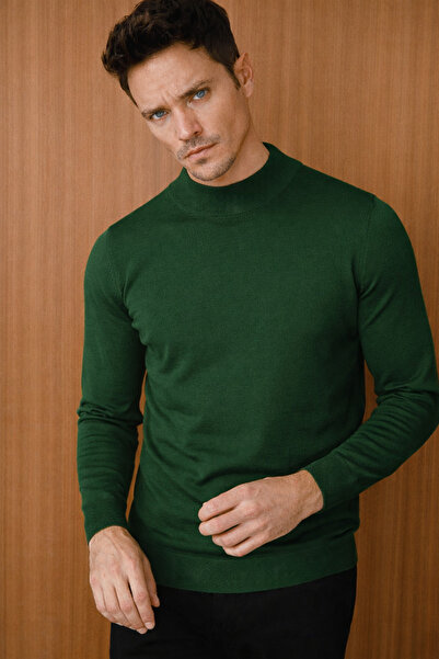 Desen Triko Men's Basic Half Fisherman Thin Knit Sweater Emerald Green