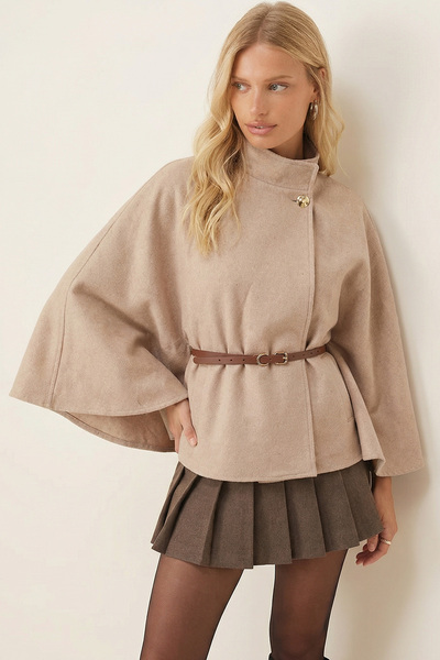 armonika Women's Beige Gold Button Detailed Belted Cashmere Poncho Jacket Mock Neck Arm-26K001065