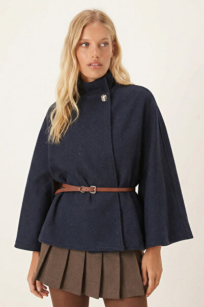 armonika Women's Navy Blue Gold Button Detailed Belted Cashmere Poncho Jacket Mock Neck Arm-26K001065
