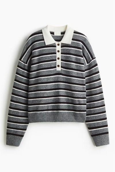 Ritnice Women's Otto Soft Textured Polo Neck Gray Brown Ecru Striped Sweater