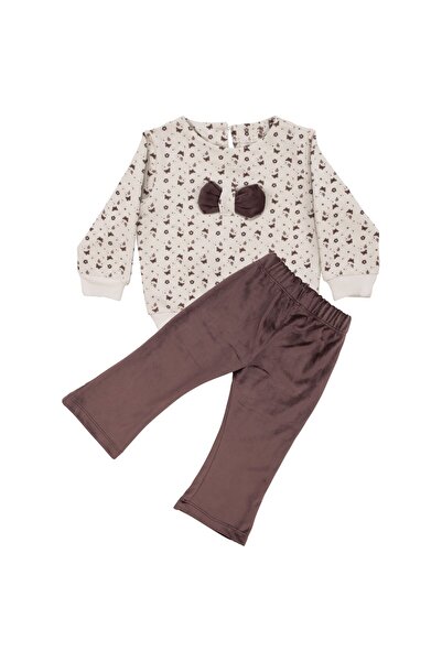 bebegen طقم مكون من قطعتين للفتيات الصغيرات باللون البني المخملي مع بنطلون بنقشة الفراشة