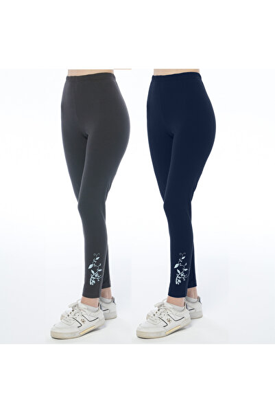 ASN concept Women's Leggings with Floral Print Navy Blue-Anthracite 2-Pack (Plus Size Option Available)