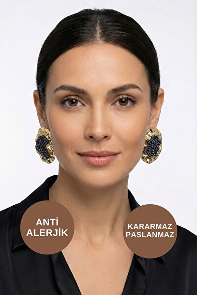 KAYOUBI Kadın Antialerjik Kararmaz Suya Dayanıklı Büyük Lacivert Taneli Gold ...