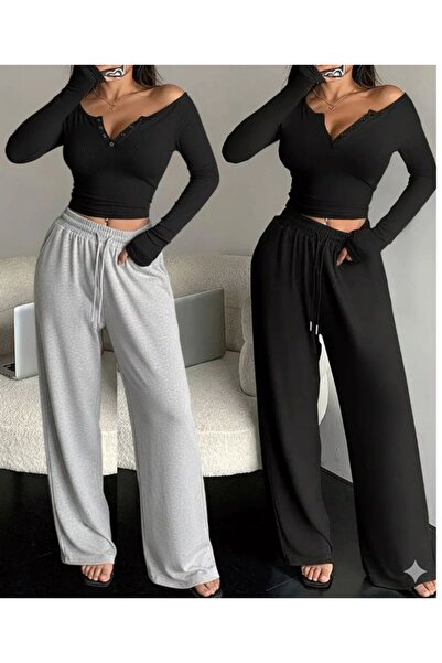 SULVERY Δύο μαύρα γκρι άνετα φούτερ παντελόνια με ίσια μπατζάκια