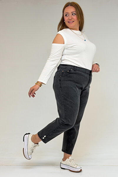 Eslina 59045 Plus Size Boyfriend Jeans with Stone Detail on the Legs - Anthracite