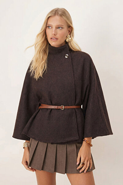 armonika Jachetă Poncho pentru femei Bitter Brown Gold, cu detaliu cu nasturi, cu centură, guler ridicat ARM-26K001065