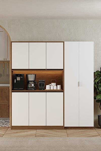 Avmpark Brave 3 Kapaklı + Boy Dolaplı Çok Amaçlı Dolap Kahve Köşesi Airfry Ki...