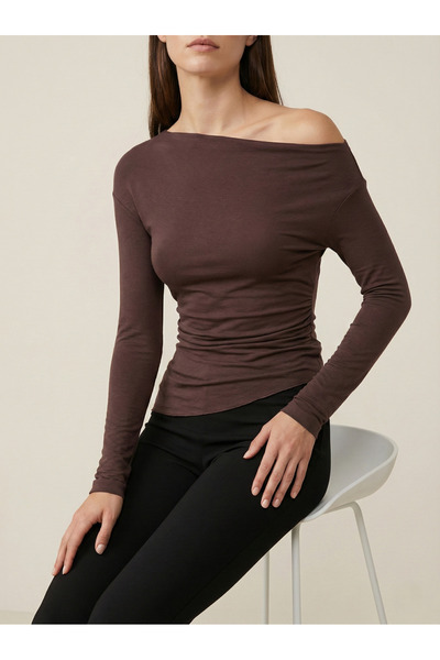 MELA ROSSA Women's Coffee Modal Rib Fabric Boat Neck Shoulder Detail Long Sleeve Blouse