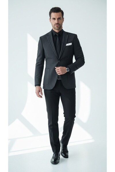 Plus Scorpion Men's Slim Fit Black Striped Blazer Jacket |   Single Button, Double Slit , Bag Pocket