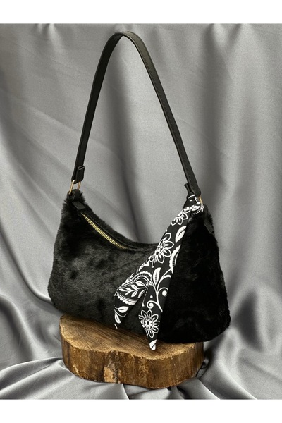 BENAHOLL Geantă de mână pentru femei Diha, cu detaliu de eșarfă de pluș, cu fermoar, geantă de mână și de umăr pentru femei-DN113 negru