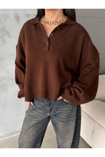 Figo supradimensionat Pulover de damă cu guler polo și nasturi