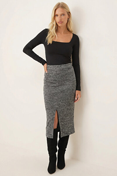 armonika Women's Gray Front Slit Elastic Waist Midi Length Skirt Arm-26K001037