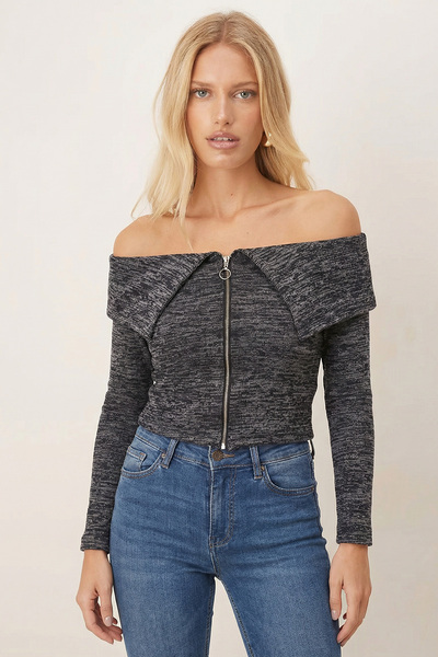 armonika Women's Navy Blue Off-Shoulder Front Zipper Cardigan Arm-26K001034