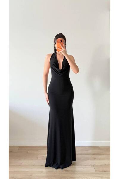 LOCH BUTİK Women's Black Degaje Collar Maxi Sandy Dress