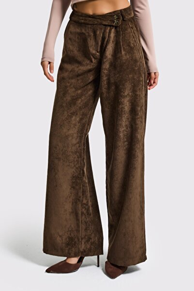 it's basic Women's Brown Color W5-81 Palazzo Fit Belt Detailed Thick Corded Fabric Velvet Velvet Fabric Trousers