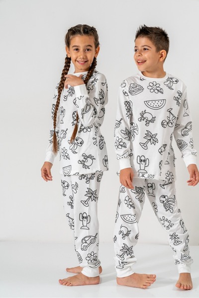 Esrabutik Boyama Kalemi HEDİYELİ Boyanabilir Uzun Kollu Çocuk Pijama Takımı