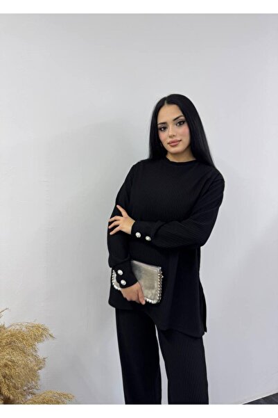 SHEZAN MODA Women's Black Corded Fabric Relaxed-Fit Button Detailed Tunic Pants Bb-10004765