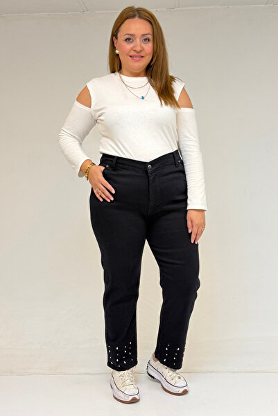 Eslina 59044 Plus Size Stone Detailed Flared Leg Jeans - Black