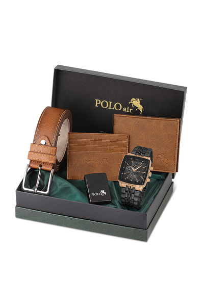 Polo Air Erkek Kol Saati Kemer Cüzdan Kartlık Çakmak Hediyelik Kutusunda Siya...