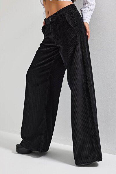 it's basic Pantaloni din țesătură catifea catifea pentru femei, culoare neagră 26w5-1 Palazzo Fit material reiat