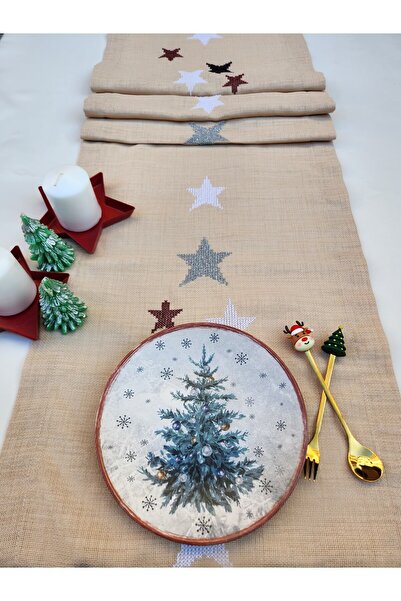 GIHANDMADE Handmade Cross-Stitch Linen Table Runner with Christmas Star Motif