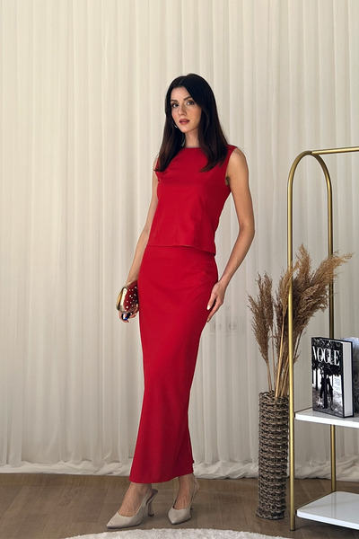 Klex Crew Neck Sleeveless Top and Pencil Skirt Two-Piece Set-Red - S