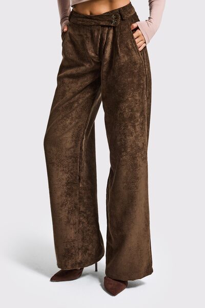 it's basic Women's Brown Color W5-81 Palazzo Fit Belt Detailed Thick Corded Fabric Velvet Velvet Fabric Trousers