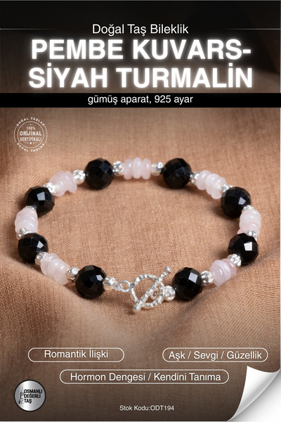 OSMANLI DEĞERLİ TAŞ SERTİFİKALI Pembe Kuvars-Siyah Turmalin Doğal Taş Gümüş A...
