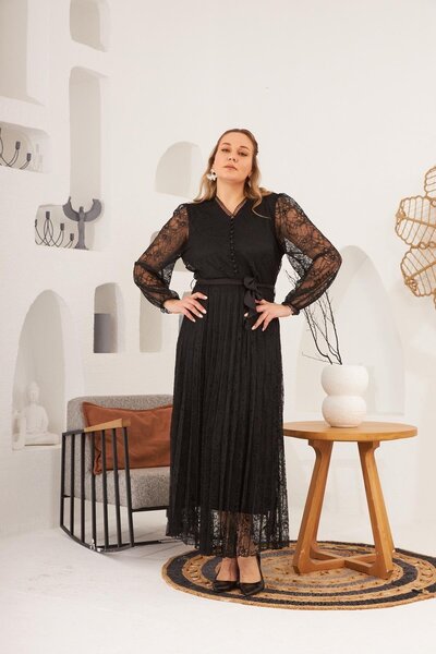 RMG Plus Size Black Lace Dress with Neckline Detail