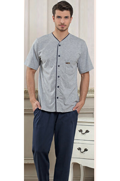 Pelin Men's Short Sleeve Front Open V-Neck 100% Cotton Thin Pajama Set-1254