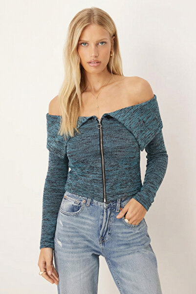 armonika Women's Turquoise Off Shoulder Front Zip Cardigan Arm-26K001034