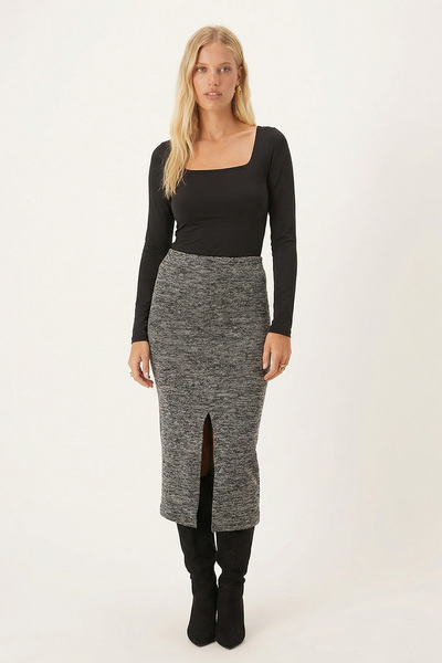 armonika Women's Smoked Front Slit Elastic Waist Midi Length Skirt Arm-26K001037