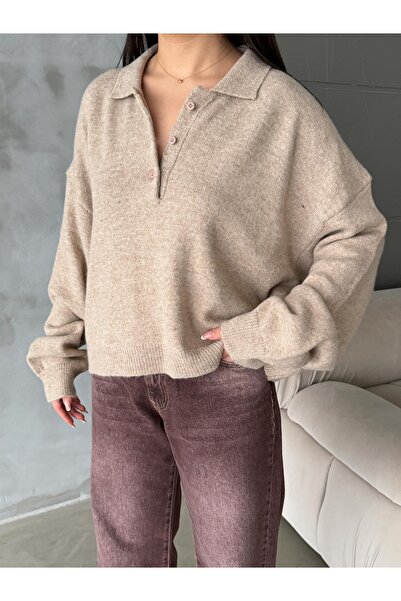 Figo supradimensionat Pulover de damă cu guler polo și nasturi