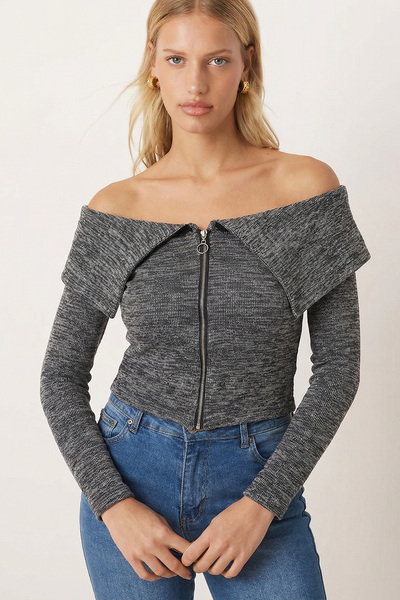 armonika Women's Smoked Off-Shoulder Front Zipper Cardigan Arm-26K001034