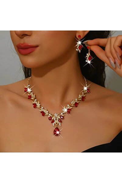 byozanyılmaz طقم أقراط وقلادة بتصميم الحجر الأحمر