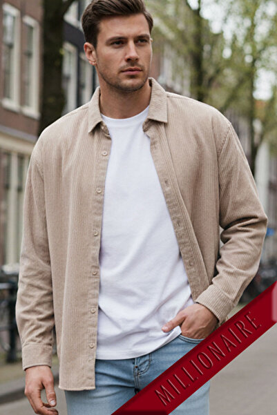 Teenage Millionaire Men's Camel Velvet Corded Fabric Soft Textured Loose Fit Oversized Drop Shoulder Shirt Stone Sand Beige