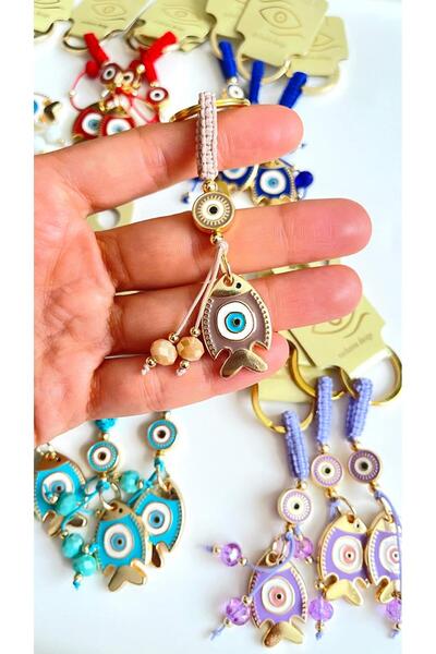 Cassime Beige Fish Gold Plated Evil Eye Keychain