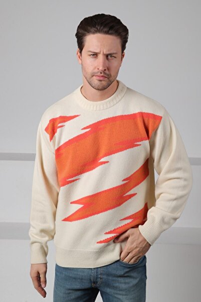 Ferraro Ανδρικό πλεκτό πουλόβερ από 100% μαλλί αρνιού εκρού/πορτοκαλί με λαιμ...