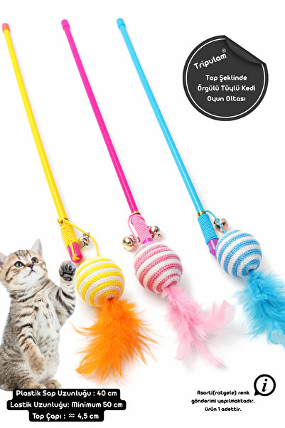 TRİPULAM Örgülü Top Şeklinde Tüylü Kedi Oyun Oltası – Gökuşağı Renkli Eğlence...