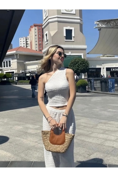 Tek Omuz Gofre Crop Takım