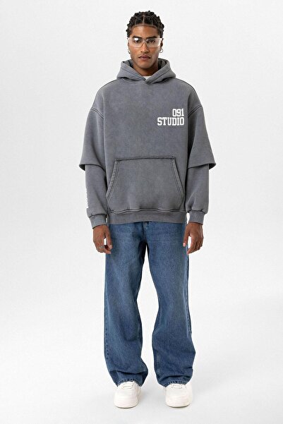 VAMOSCLO Washable Double Sleeve Detailed Hooded Oversized Sweatshirt Smoked